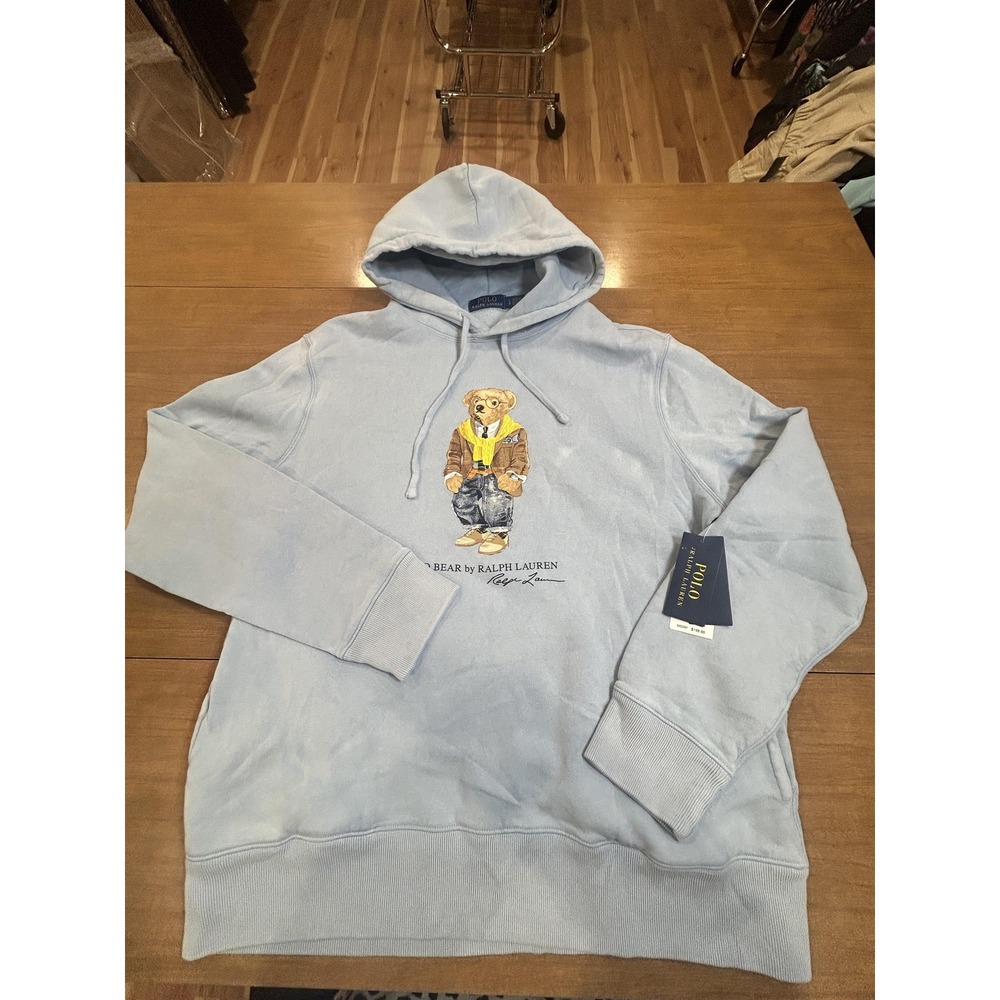 Polo Ralph Lauren Hoodie Mens L Blue Polo Bear Graphic Fleece Pullover NWT FADED